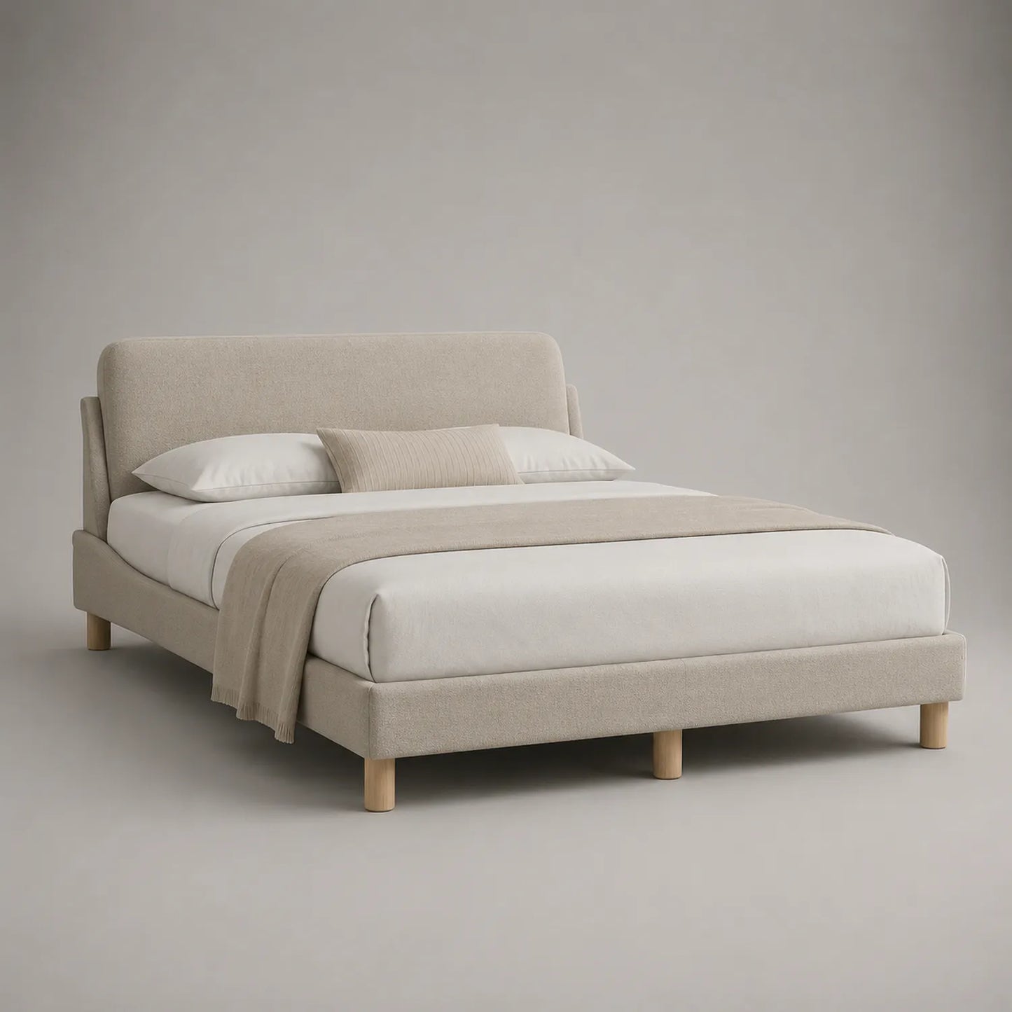 Doppelbett Stoff Beige mit Massivholzfüßen