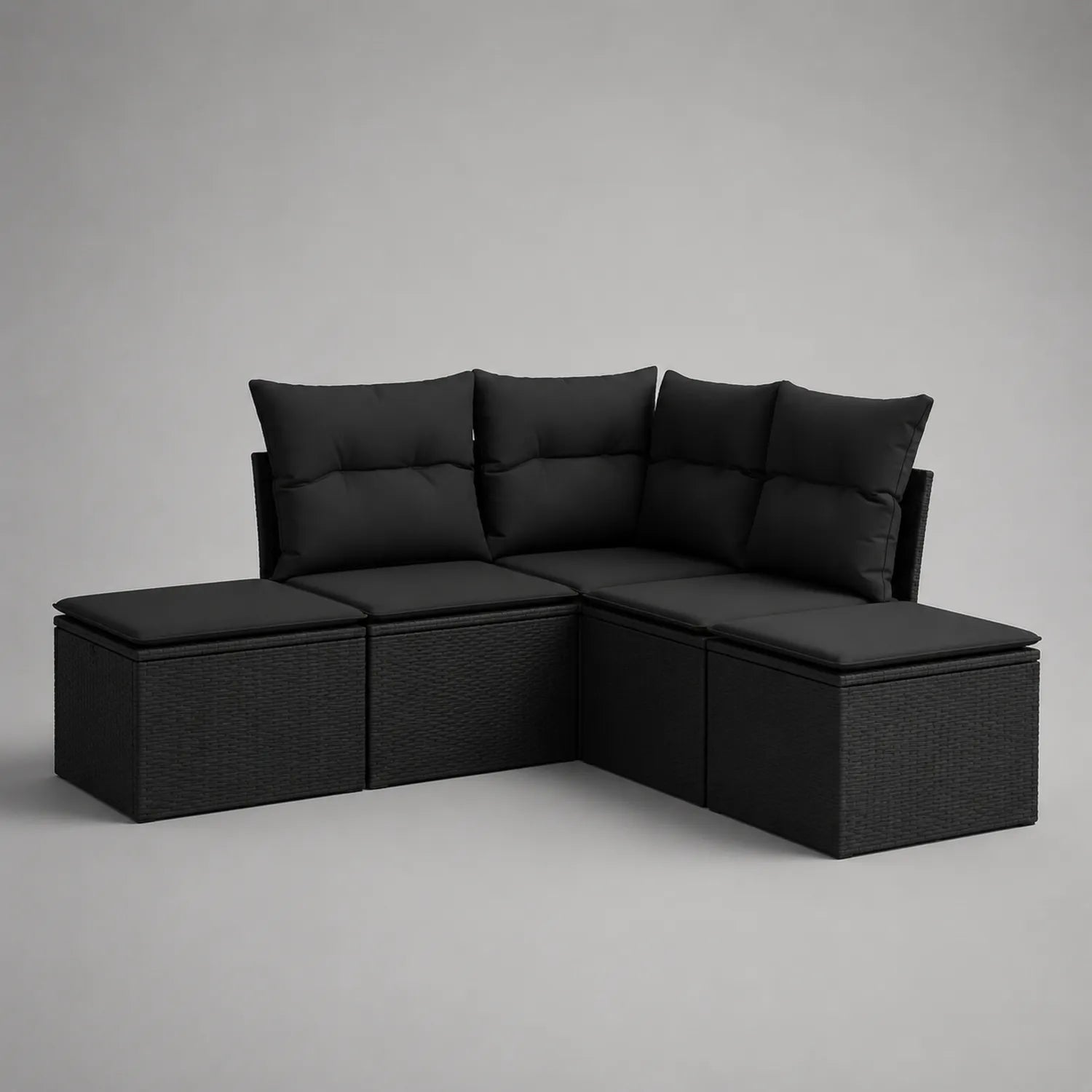 Garten Ecksofa Set aus Rattan mit Kissen Schwarz