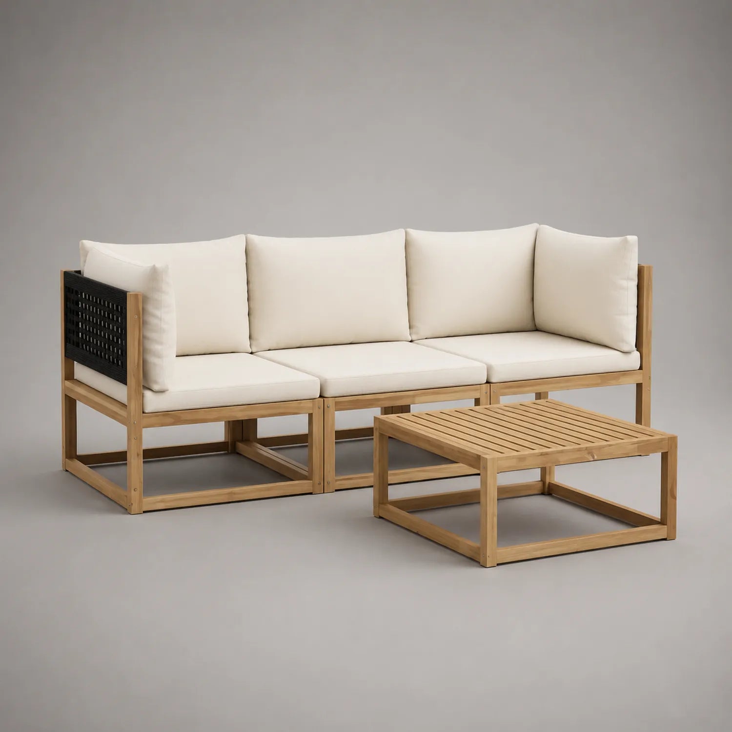 Teakholz Gartensofa Set mit Couchtisch und beigen Kissen