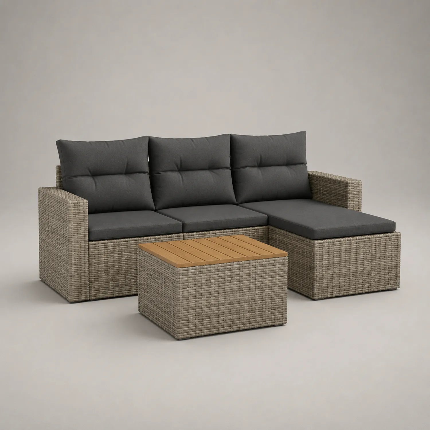 Gartenmöbel-Set Rattan 3-Sitzer Sofa mit Ottomane und Tisch aus Akazienholz Grau