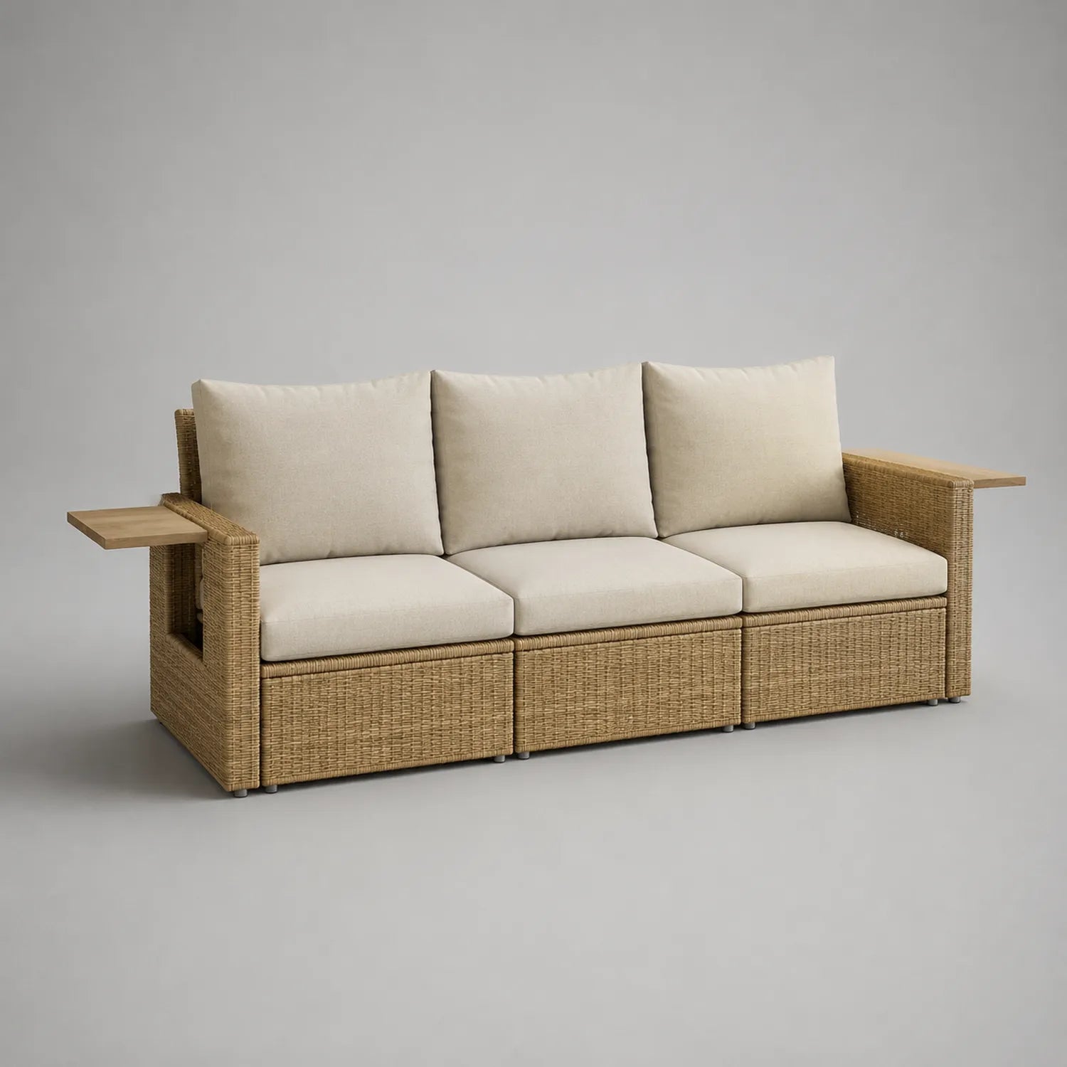 3-Sitzer Sofa Rattan mit Akazienholzregalen Beige