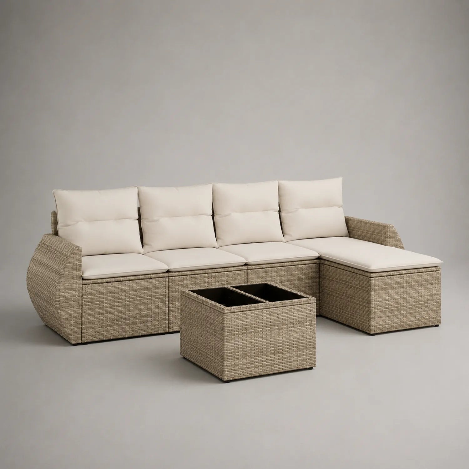 4-teiliges Gartenset aus Polyrattan mit beigen Kissen