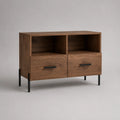 Holzschrank mit 2 Schubladen und offenen Fächern, MDF mit Metallbeinen, Braun