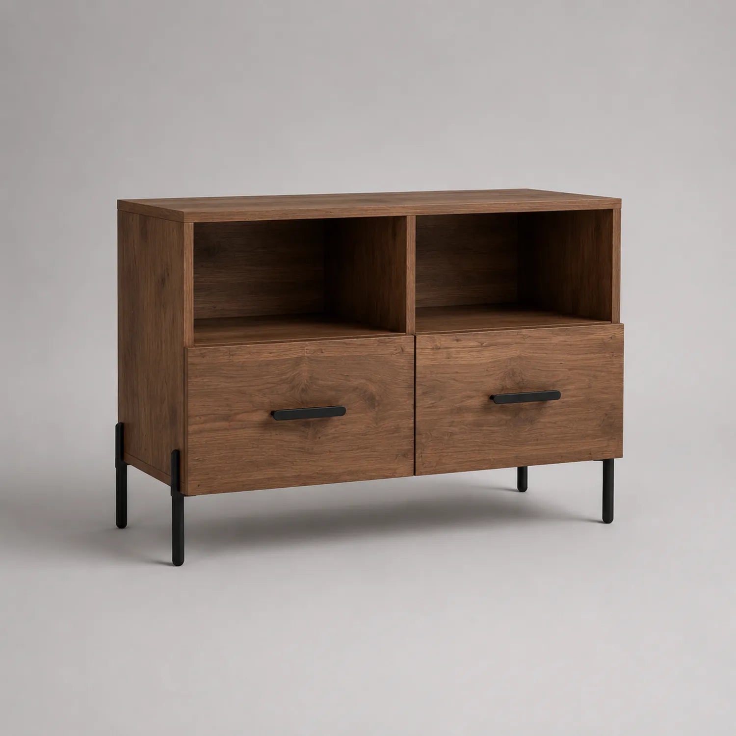 Holzschrank mit 2 Schubladen und offenen Fächern, MDF mit Metallbeinen, Braun