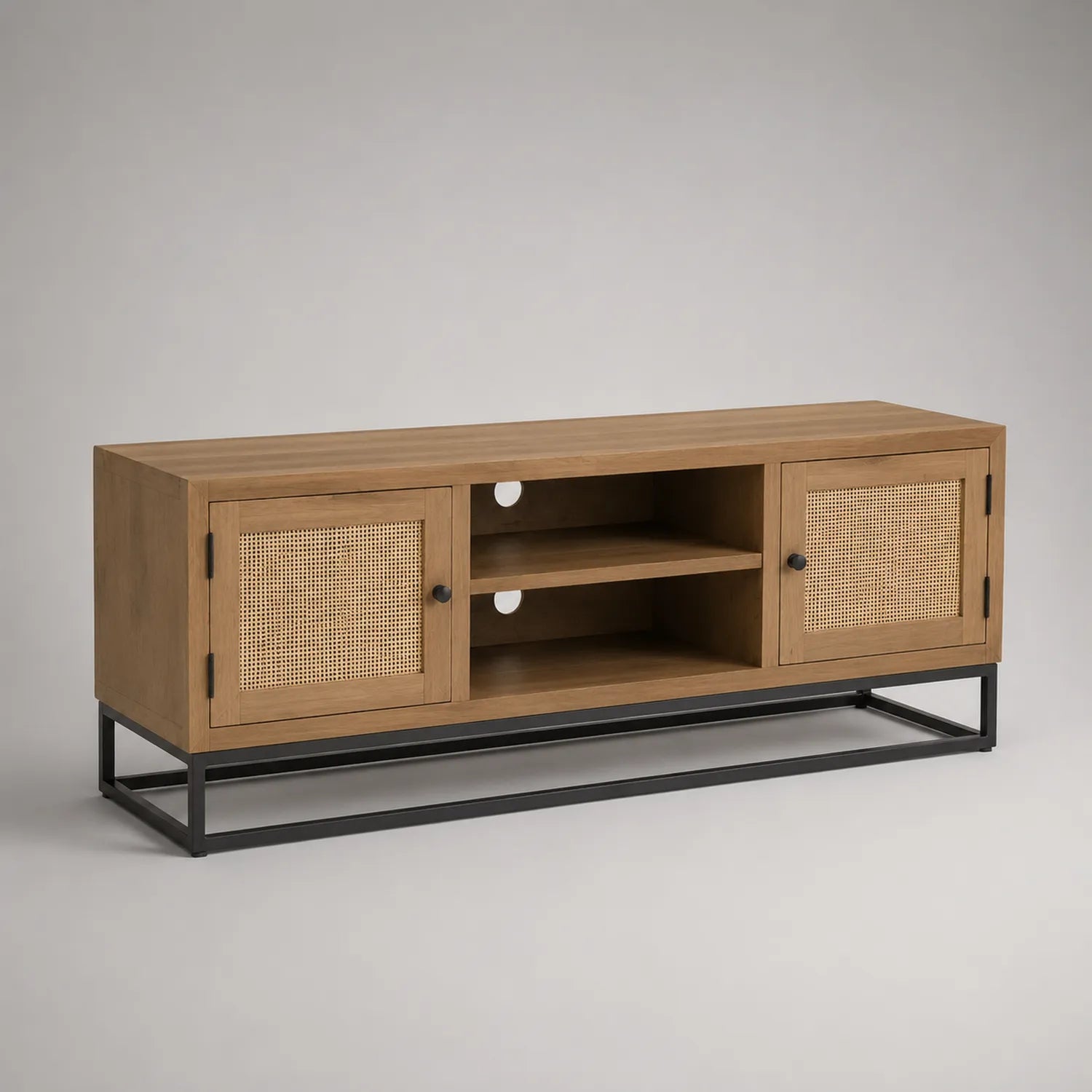 TV-Tisch Holz mit Rattan-Türen und Metallrahmen 160cm Natur/Schwarz
