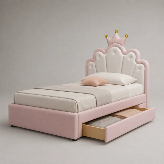 Einzelbett mit Stauraum und Kronenkopfteil aus Holz und Textil Rosa und Weiß