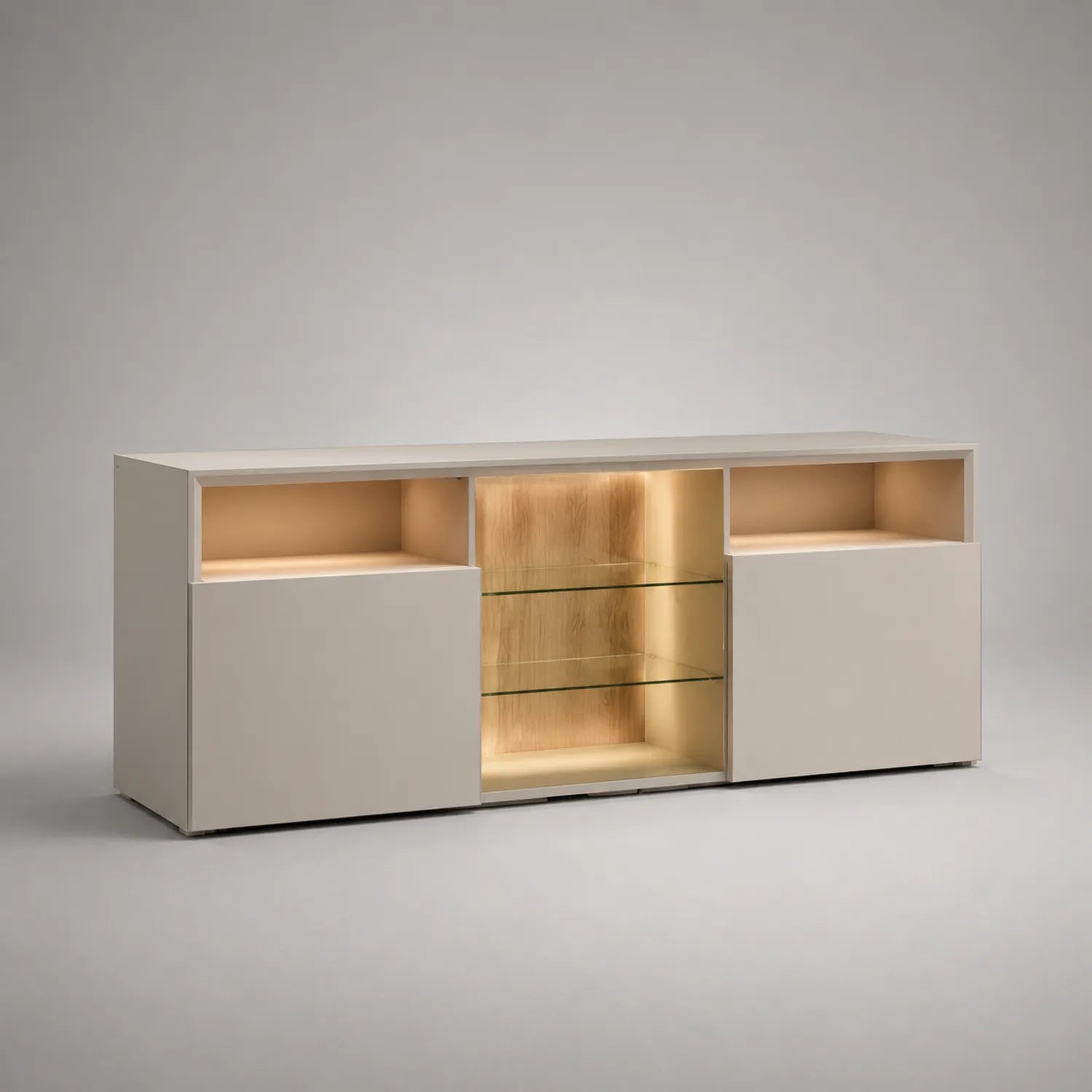 MDF TV-Schrank mit Sicherheitsglasregalen und LED-Beleuchtung Beige 180x45x60cm