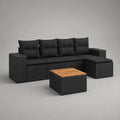 Gartensofa Set L-förmig Rattan schwarz mit Tisch Teakplatte
