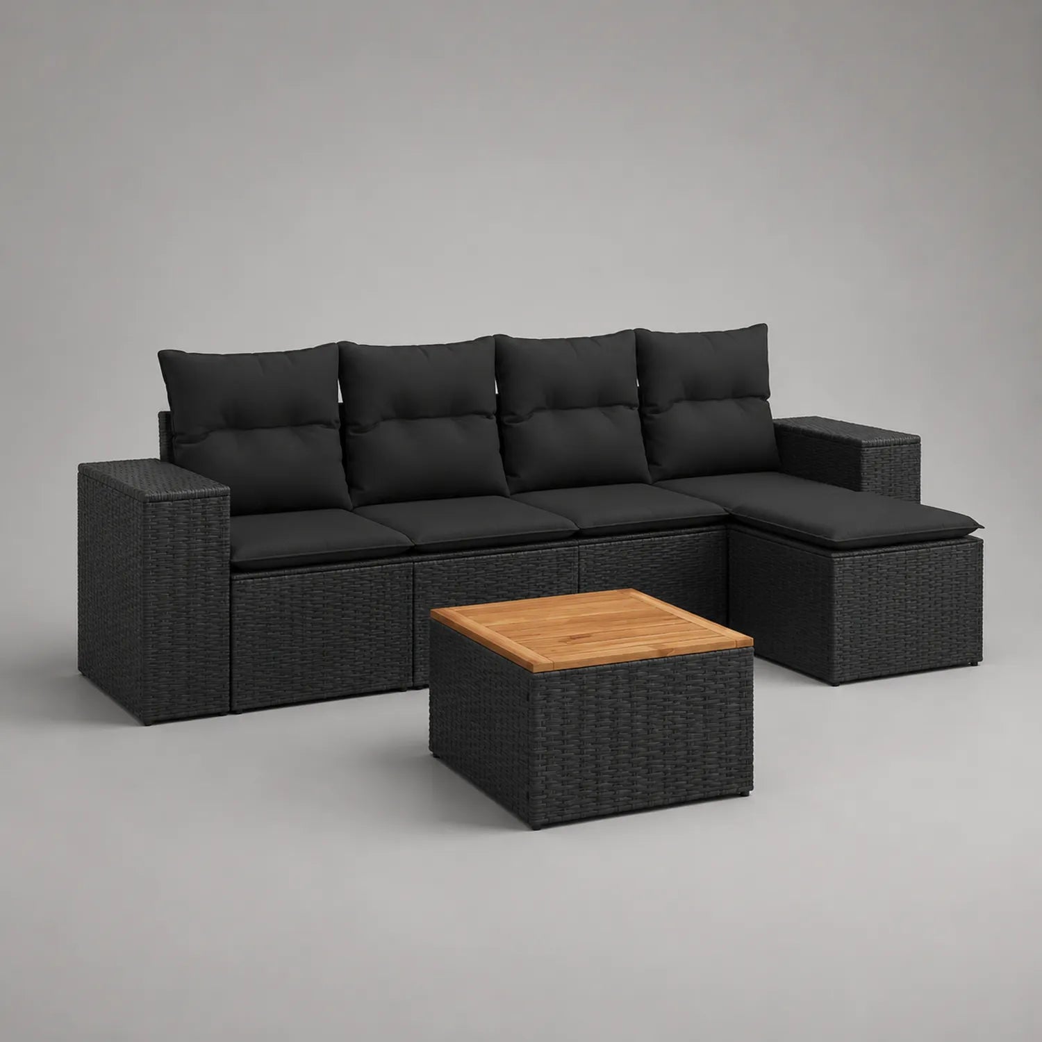 Gartensofa Set L-förmig Rattan schwarz mit Tisch Teakplatte