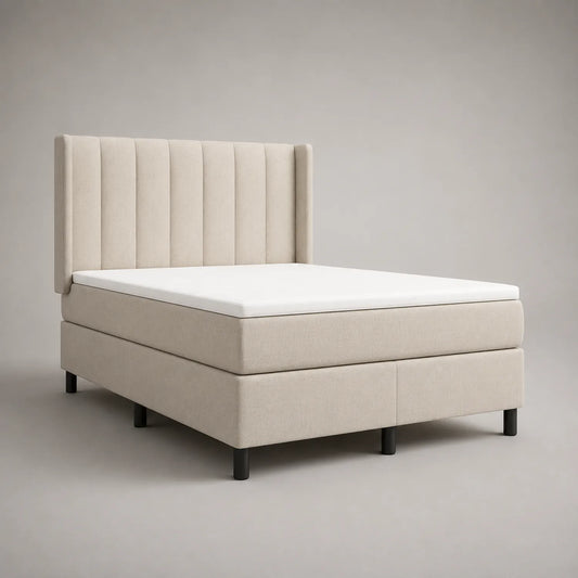 Boxspringbett 180x200 cm in Beige mit Stoffbezug und Kopfteil