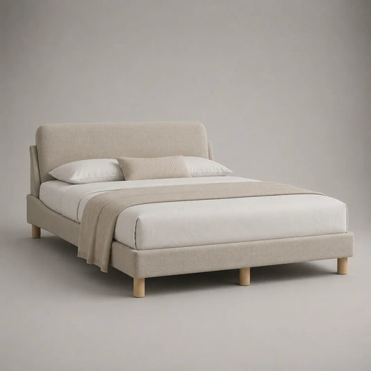 Doppelbett Stoff Beige mit Massivholzfüßen