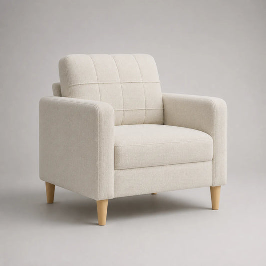 Einzelsessel aus Massivholz mit Polyesterbezug in Beige