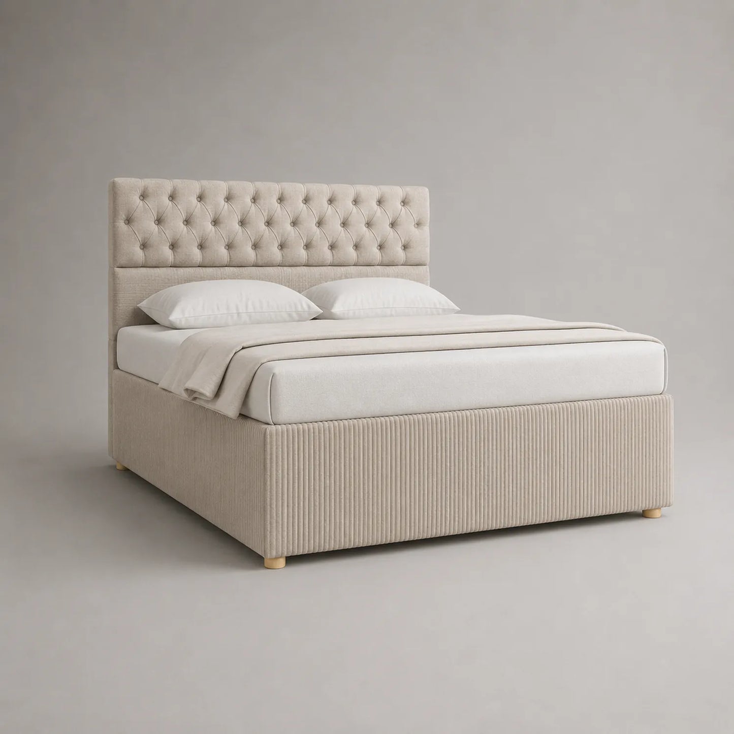 Doppelbett Beige Textil 180x200 cm mit gestepptem Kopfteil