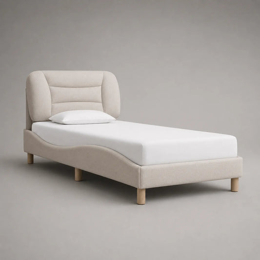Einzelbett Stoff Beige mit Kopfteil Polsterung, Holzbeine