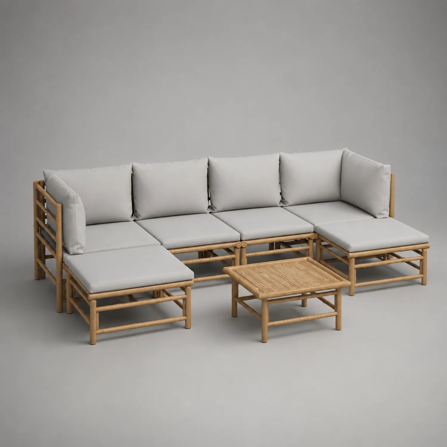 Bambus Gartenmöbel-Set mit grauen Kissen, 5-Sitzer und Tisch