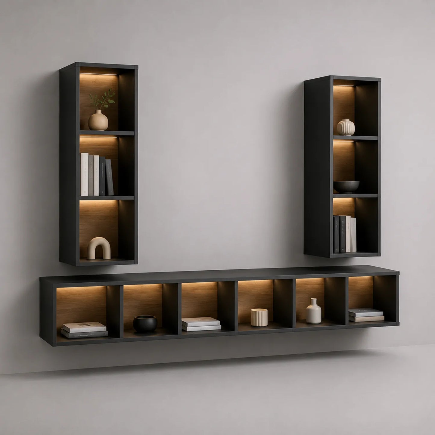 Wandmontiertes Regalset mit LED-Beleuchtung aus MDF Schwarz und Holzoptik