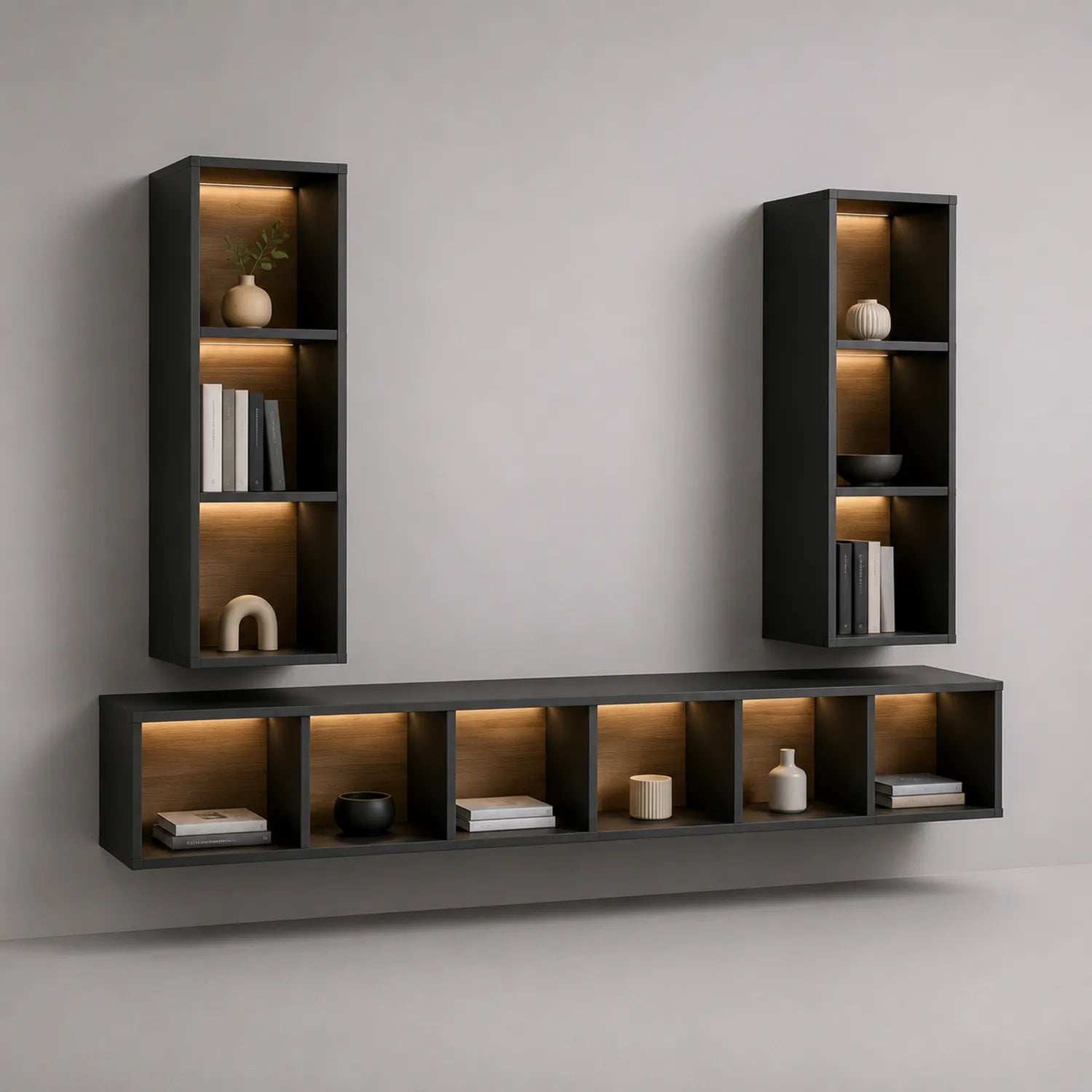 Wandmontiertes Regalset mit LED-Beleuchtung aus MDF Schwarz und Holzoptik