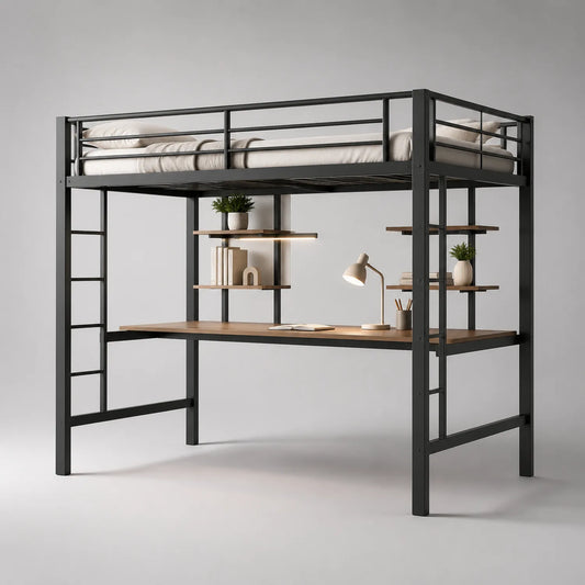 Metall Hochbett mit Schreibtisch und Regalen Schwarz 200x140 cm
