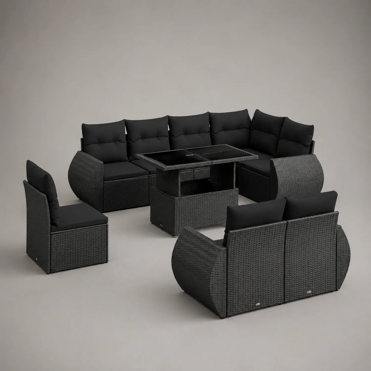Outdoor-Sofa-Set aus Rattan mit Aluminiumrahmen und schwarzen Polyesterkissen