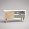 TV-Schrank aus Holz mit Schublade und Tür Weiß Eiche Grün 120x40x55cm