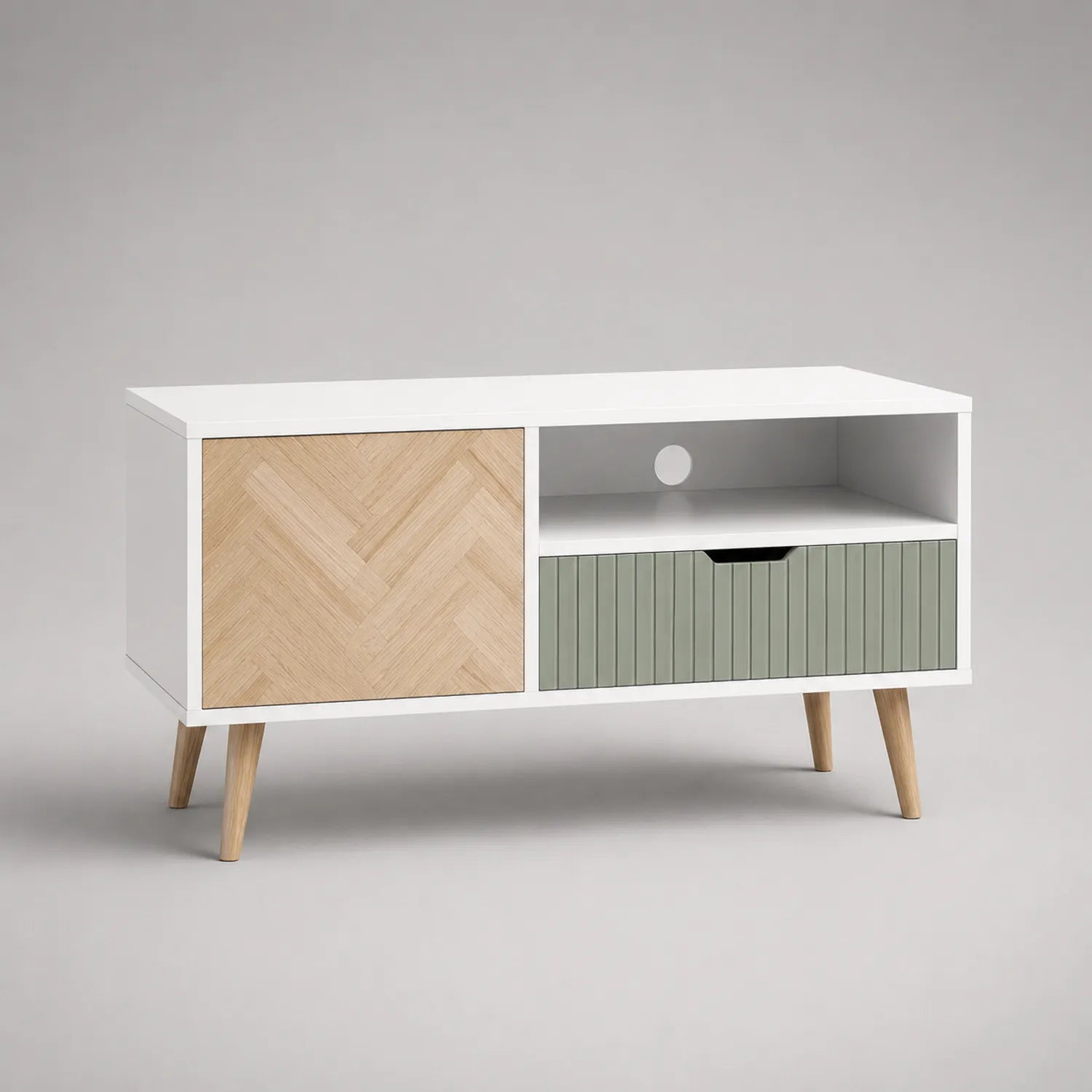 TV-Schrank aus Holz mit Schublade und Tür Weiß Eiche Grün 120x40x55cm