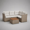 Gartensofa-Set aus Polyrattan mit Teakholz-Tisch Beige und Weiß