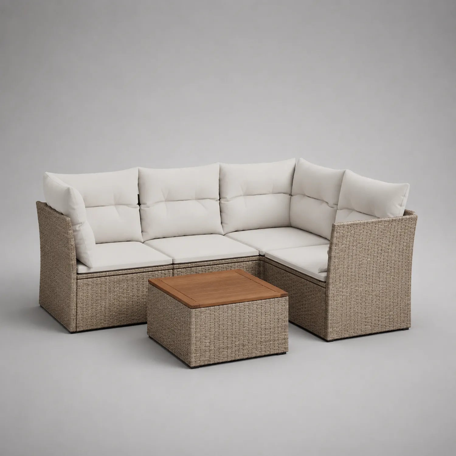 Gartensofa-Set aus Polyrattan mit Teakholz-Tisch Beige und Weiß