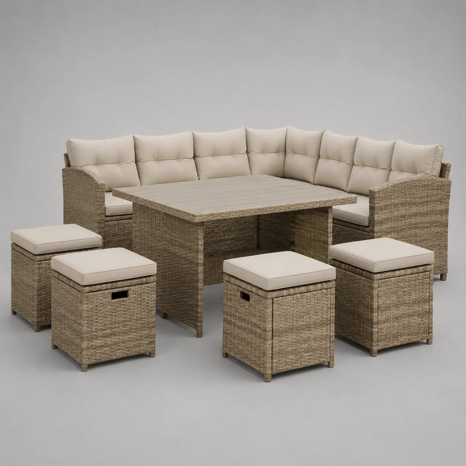 7-teiliges Gartenmöbel-Set aus Polyrattan mit Tisch und Hockern, Beige