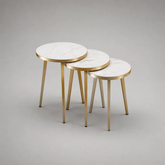 Runder Nesting Tischset aus Marmorimitat und Metall, Weiß/Gold, Ø 40/35/30 cm