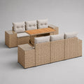 Outdoor Sitzgruppe Polyrattan Beige mit Polyesterkissen und Holztischplatte